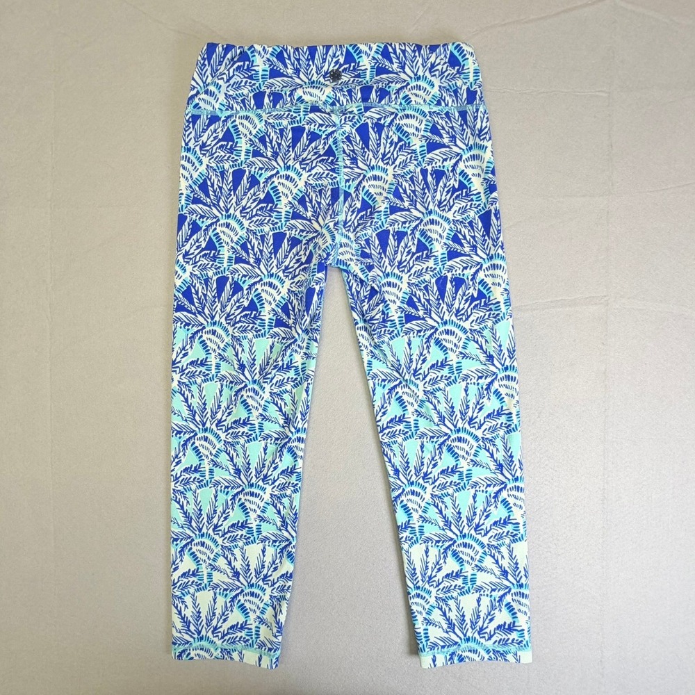 Lilly Pulitzer Luxletic Leggings Womens Medium UPF 50+ Blue Tropical Palm Crop - Picture 4 of 10